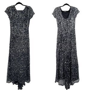 Adrianna Papell Gown Formal Holiday Sequined Fishtail Bustle Train Navy Silver 6